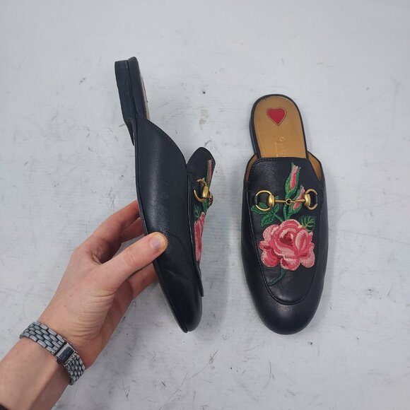 Gucci Black Horsebit Rose Floral Embroidery Princetown Slide Mule - Picture 8 of 12
